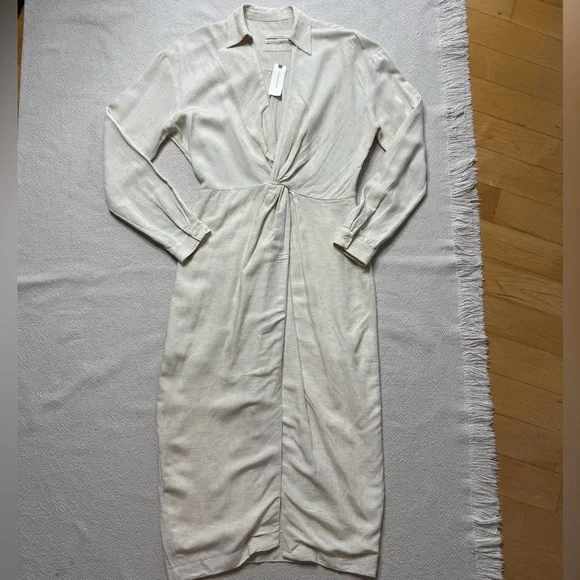 NEW Anthropologie Twist Knot Front Vneck Linen Midi Dress 6 Neutral Minimalist - Picture 2 of 9
